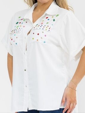 White Short-Sleeve Button-Down Shirt with Multi-Color Gem Accents